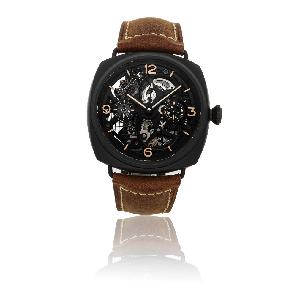 PANERAI | LO SCIENZIATO RADIOMIR TOURBILLON GMT REF PAM00350, A BLACK CERAMIC SKELETONIZED DUAL TIME ZONE WRISTWATCH WITH TOURBILLON DAY/NIGHT AND 6 DAY POWER RESERVE INDICATION CIRCA 2010