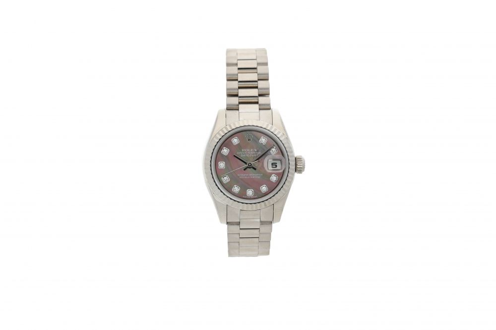 ROLEX | REFERENCE 179179 DATEJUST A WHITE GOLD AUTOMATIC WRISTWATCH WITH DATE, DIAMOND-SET INDEXES AND BRACELET, CIRCA 2017