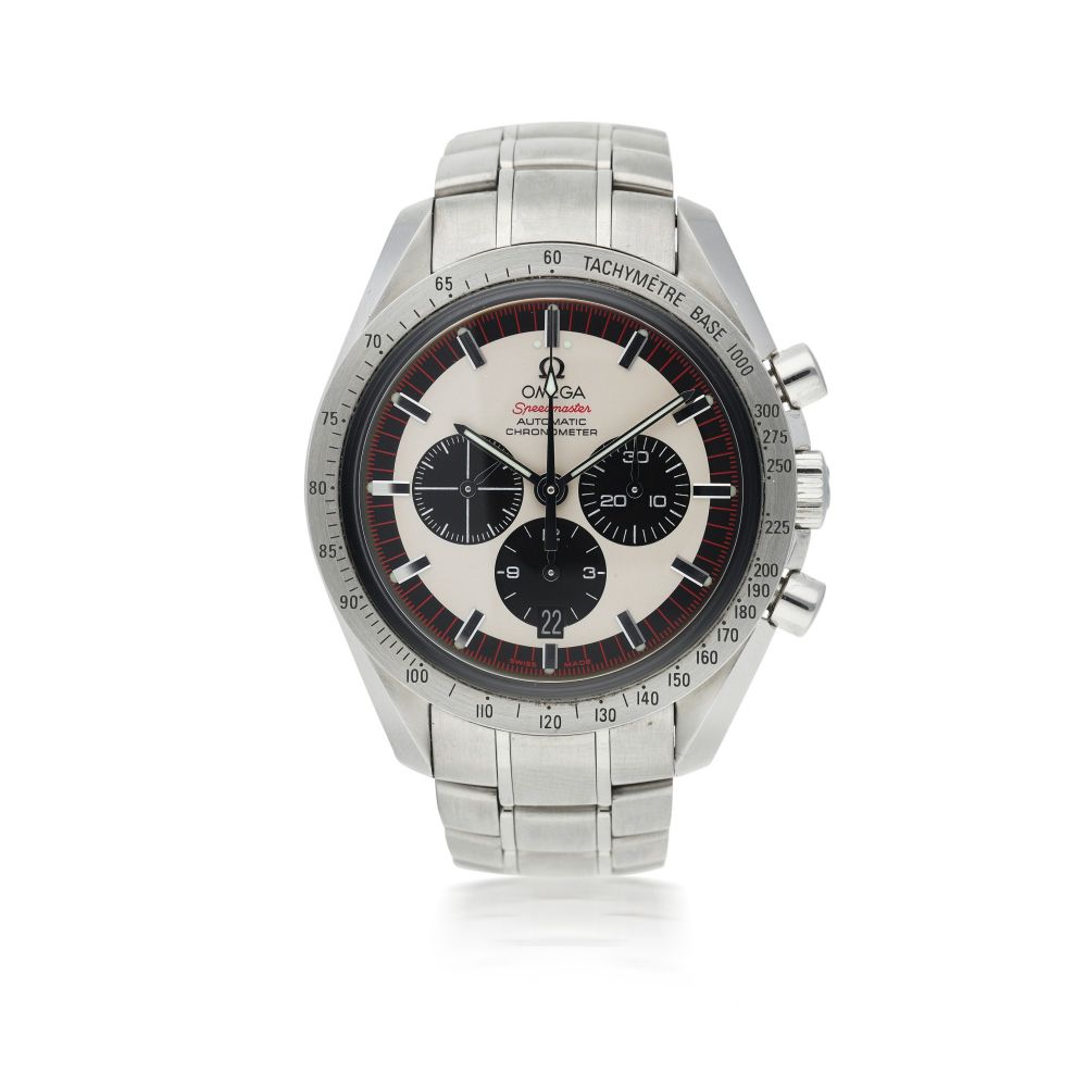 OMEGA | REFERENCE 35593200 SPEEDMASTER 'MICHAEL SCHUMACHER THE LEGEND SIXTH TITLE' A LIMITED EDITION STAINLESS STEEL AUTOMATIC CHRONOGRAPH WRISTWATCH WITH DATE AND BRACELET, CIRCA 2005
