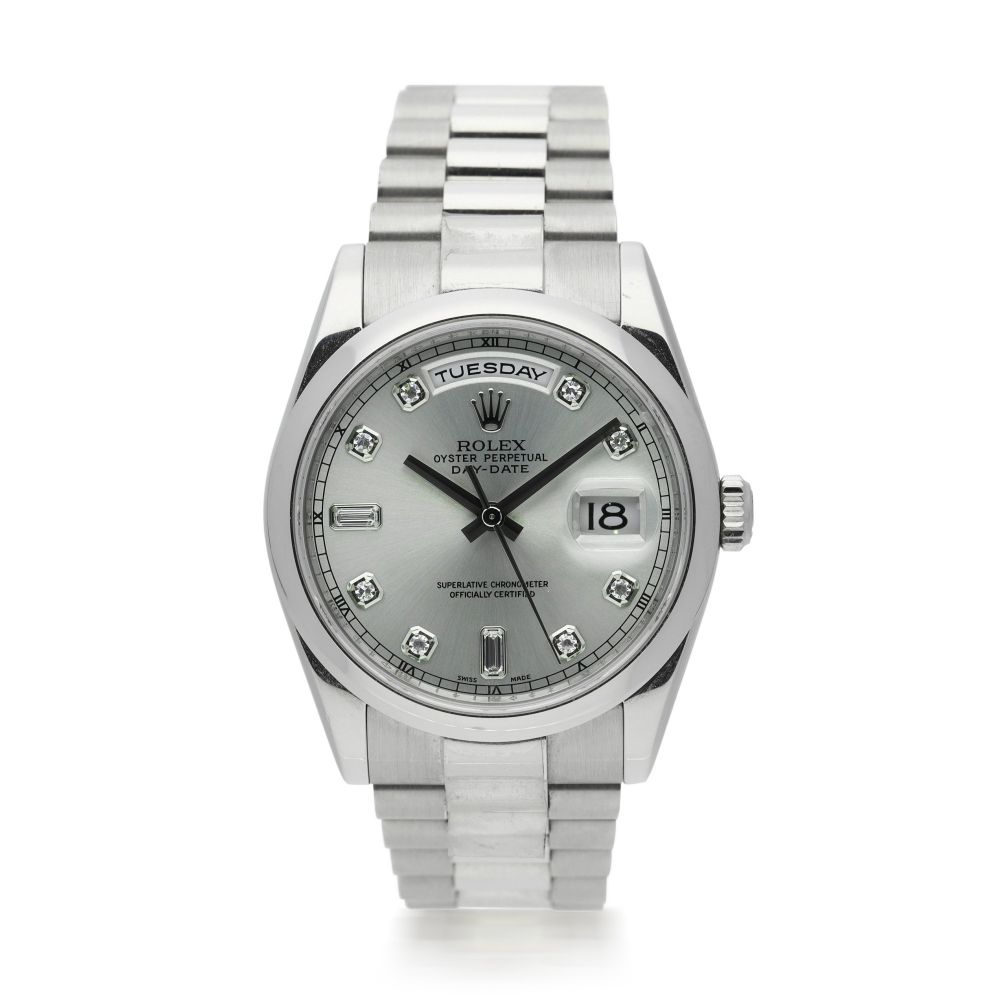 ROLEX | REFERENCE 118206 DAY-DATE A PLATINUM AUTOMATIC WRISTWATCH WITH DATE, BRACELET, AND DIAMOND-SET INDEXES, CIRCA 2006