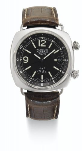 Panerai.A STAINLESS STEEL CUSHION-FORM AUTOMATIC CENTER SECONDS DUAL TIME ZONE WRISTWATCH WITH ALARM AND DATE PAM00098 NO E461/500 RADIOMIR GMT ALARM CIRCA 2002