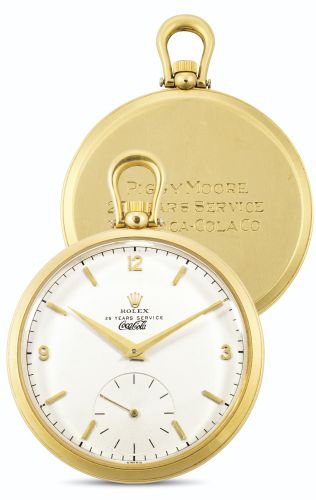 Rolex.A YELLOW GOLD OPEN-FACED KEYLESS LEVER WATCH, MADE FOR EMPLOYEES SERVING 25 YEARS IN COCA-COLA REF 4503 CASE 973324 CIRCA 1953