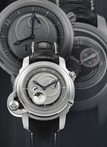 Michel Jordi.A RARE LIMITED EDITION SWIVELLING WHITE GOLD SINGLE BUTTON CHRONOGRAPH WRISTWATCH WITH MOON-PHASES AND POWER RESERVE INDICATION NO 48/99 HERITAGE TRADITION CIRCA 2005