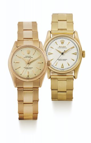 Rolex.TWO PINK/YELLOW GOLD AUTOMATIC CENTER SECONDS WRISTWATCHES WITH BRACELETS REF 6549 CASE 1946325 CIRCA 1968 REF 6018 BUBBLEBACK CASE RSC414 CIRCA 1960