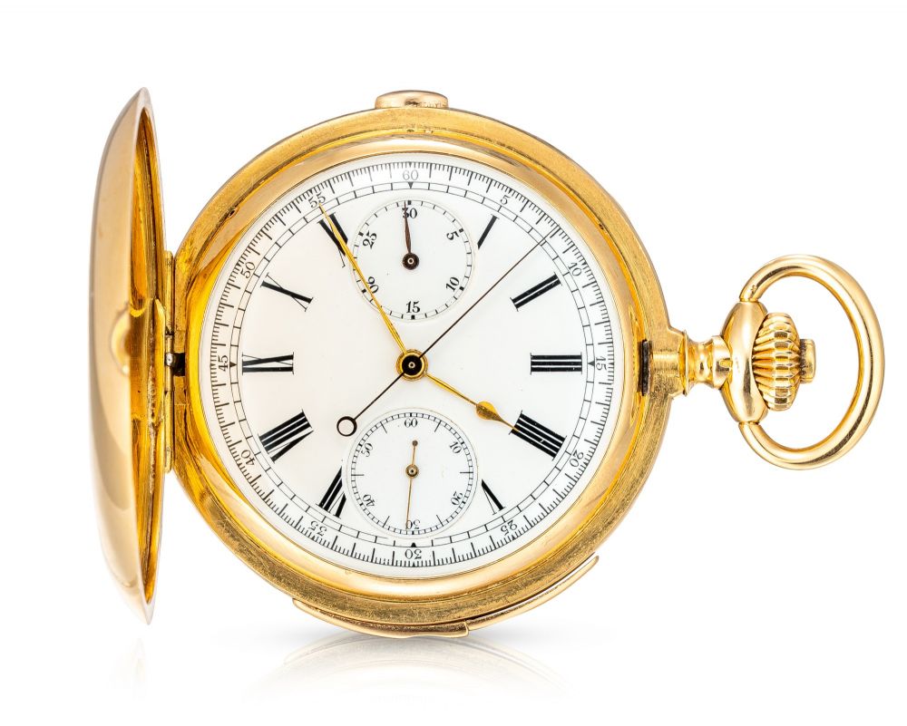 UTI | A YELLOW GOLD HUNTING CASE MINUTE REPEATING CHRONOGRAPH KEYLESS WATCH WITH ENAMEL DIAL, CIRCA 1910