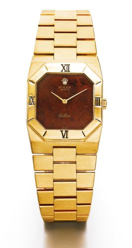 Rolex.A FINE YELLOW GOLD BRACELET WATCH WITH BURLWOOD DIAL REF 4350 NO 6920261 CIRCA 1979