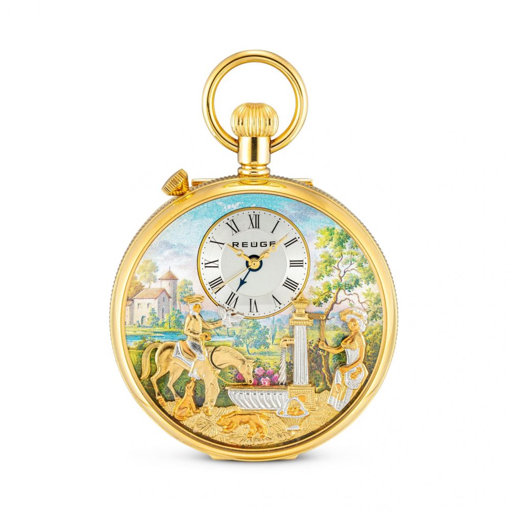 CHARLES REUGE | THE FOUNTAIN A GOLD PLATED OPENFACE WATCH WITH MUSICAL AUTOMATON AND ALARM, CIRCA 2010