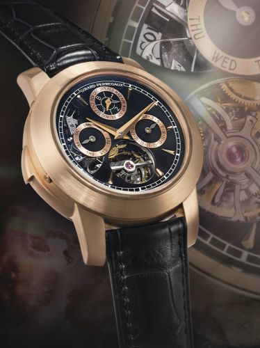 Girard-Perregaux.A VERY RARE AND ATTRACTIVE PINK GOLD PERPETUAL CALENDAR MINUTE REPEATING TOURBILLON WRISTWATCH WITH WESTMINSTER CARILLON CHIMES AND LEAP YEAR INDICATION NO 4 HAUTE HORLOGERIE OPERA TWO CIRCA 2003