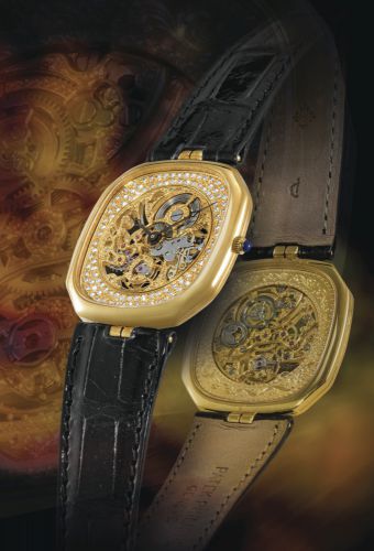 Patek Philippe.A YELLOW GOLD AND DIAMOND-SET OCTAGONAL SKELETONIZED WRISTWATCH REF 3887 MVT 1389118 CASE 551360 MADE IN 1979