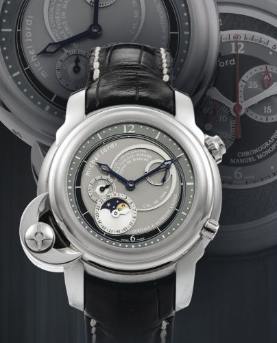 Michel Jordi.A RARE LIMITED EDITION SWIVELLING WHITE GOLD SINGLE BUTTON CHRONOGRAPH WRISTWATCH WITH MOON-PHASES AND POWER RESERVE INDICATION NO 40/99 HERITAGE TRADITION CIRCA 2005