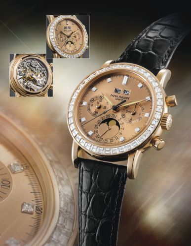 Patek Philippe.A FINE AND RARE PINK GOLD DIAMOND-SET PERPETUAL CALENDAR CHRONOGRAPH WRISTWATCH WITH REGISTER, MOON-PHASES AND LEAP YEAR INDICATION REF 3990R CIRCA 1997
