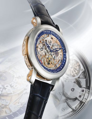 PATEK PHILIPPE.AN EXTREMELY FINE AND RARE PLATINUM AND PINK GOLD AUTOMATIC MINUTE REPEATING SEMI-SKELETONIZED PERPETUAL CALENDAR WRISTWATCH WITH RETROGRADE DATE, MOON PHASES AND LEAP YEAR INDICATION REF 5104P CIRCA 2010