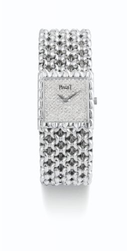 Piaget.A WHITE GOLD AND DIAMOND-SET RECTANGULAR BRACELET WATCH REF 9352 SERIAL 414405 CIRCA 1985
