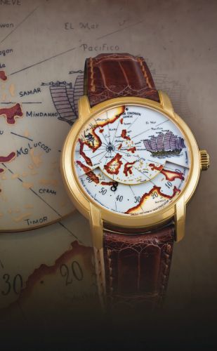 Vacheron Constantin.A FINE AND RARE LIMITED EDITION YELLOW GOLD AUTOMATIC WRISTWATCH WITH ENAMEL DIAL AND WANDERING HOUR DISPLAY REF 47070 CASE 798630 LES METIERS D'ART TRIBUTE TO THE GREAT EXPLORERS 'ZHENG HE' CIRCA 2009