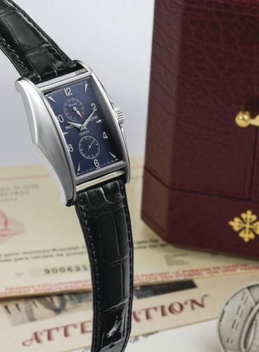 Patek Philippe.A FINE LIMITED EDITION WHITE GOLD RECTANGULAR WRISTWATCH WITH 10-DAY POWER RESERVE INDICATION REF 5100G MVT 3203552 CASE 4102262 CIRCA 2001