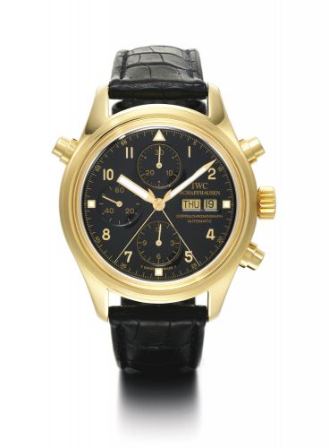IWC.A RARE YELLOW GOLD AUTOMATIC SPLIT-SECONDS CHRONOGRAPH WRISTWATCH WITH DAY AND DATE REF 3711 CASE 2552053 DOUBLE CHRONOGRAPH CIRCA 1993