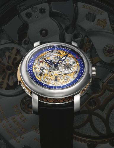 Patek Philippe.AN EXTREMELY FINE AND RARE PLATINUM AND PINK GOLD AUTOMATIC MINUTE REPEATING SEMI-SKELETONIZED PERPETUAL CALENDAR WRISTWATCH WITH RETROGRADE DATE MOON-PHASES AND LEAP YEAR INDICATION REF 5104P MVT 3670005 CASE 4384607 MADE IN 2007