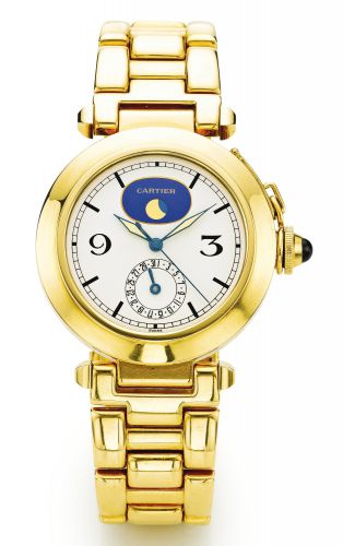Cartier.A YELLOW GOLD WRISTWATCH WITH DATE, MOON PHASES, AND BRACELET REF 30001 NO 101057 PASHA DE CARTIER CIRCA 1992