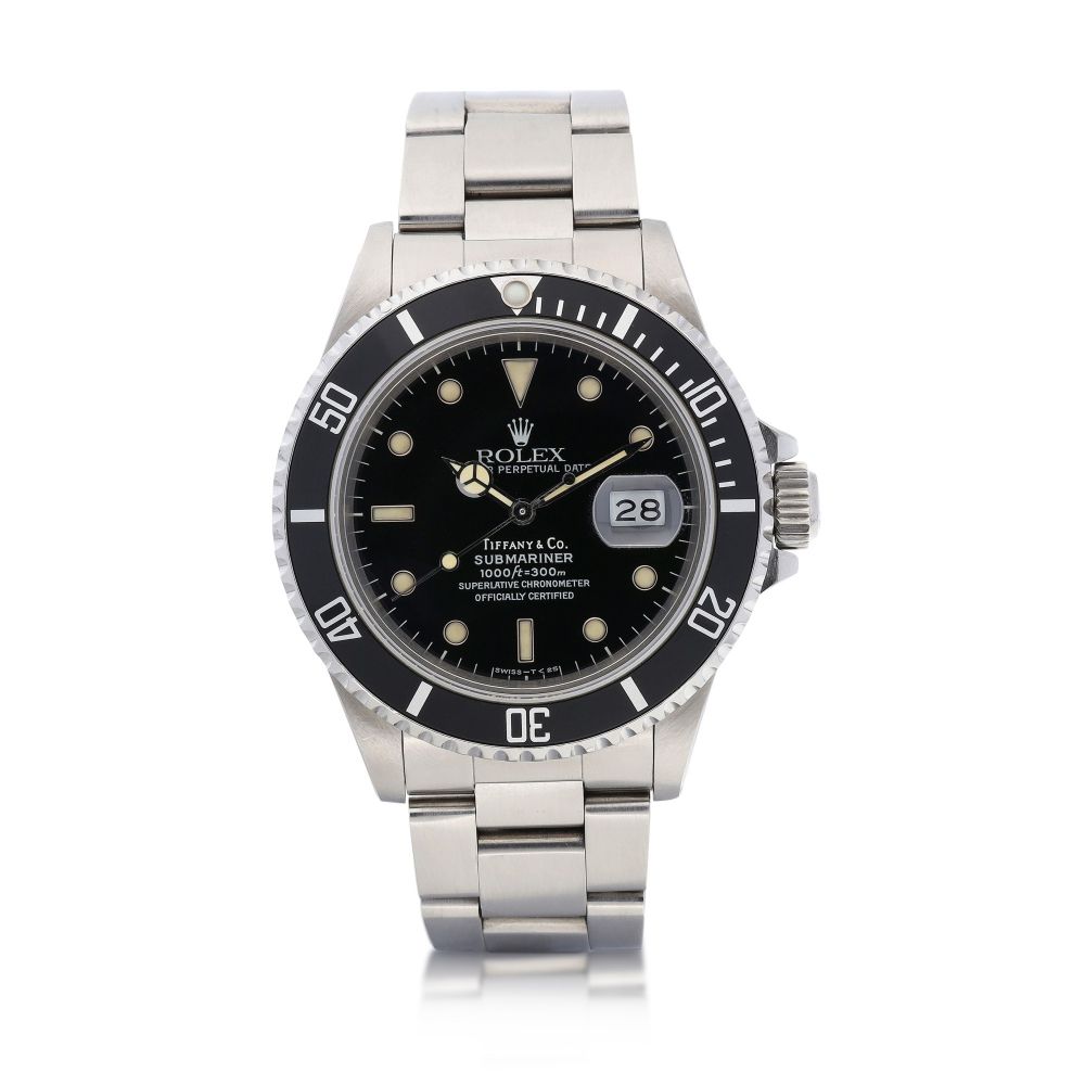 Rolex | Submariner, Reference 168000, A stainless steel wristwatch with date and bracelet, Retailed by Tiffany Co., Circa 1988 | 勞力士 | Submariner 型號168000 精鋼鏈帶腕錶，備日期顯示，由Tiffany Co.發行，約1988年製