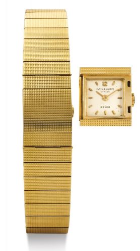 Patek Philippe.A LADY'S YELLOW GOLD SQUARE BRACELET WATCH WITH CONCEALED DIAL, RETAILED BY BEYER REF 3086/14 MVT 949783 CASE 2602467 CIRCA 1958.A LADY'S YELLOW GOLD SQUARE BRACELET WATCH WITH CONCEALED DIAL, RETAILED BY BEYER REF 3086/14 MVT 949783 CASE 2