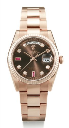 Rolex.A PINK GOLD AUTOMATIC CENTER SECONDS WRISTWATCH WITH DAY, DATE, DIAMOND-SET AND RUBY INDEXES AND BRACELET REF 118235F CASE G780227 'EVEROSE' DAY-DATE CIRCA 2013.A PINK GOLD AUTOMATIC CENTER SECONDS WRISTWATCH WITH DAY, DATE, DIAMOND-SET AND RUBY IND