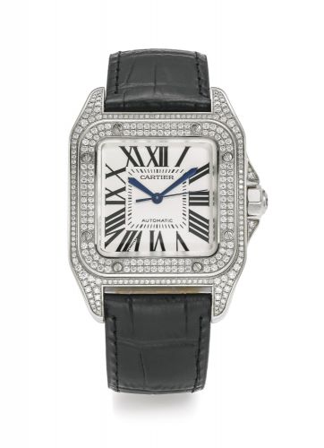 Cartier.A WHITE GOLD AND DIAMOND-SET CENTRE SECONDS WRISTWATCH REF 2881 118335MX SANTOS 100 CIRCA 2014.A WHITE GOLD AND DIAMOND-SET CENTRE SECONDS WRISTWATCH REF 2881 118335MX SANTOS 100 CIRCA 2014