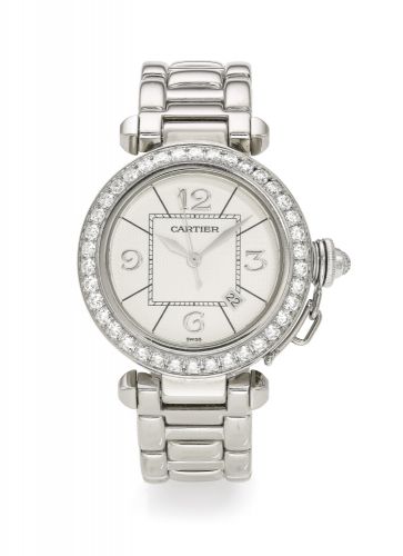 Cartier.A LADY'S WHITE GOLD AND DIAMOND-SET AUTOMATIC CENTRE SECONDS WRISTWATCH WITH DATE AND BRACELET REF 2398 CASE 291042MG PASHA CIRCA 2000.A LADY'S WHITE GOLD AND DIAMOND-SET AUTOMATIC CENTRE SECONDS WRISTWATCH WITH DATE AND BRACELET REF 2398 CASE 291
