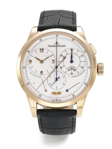 Jaeger-LeCoultre.A FINE PINK GOLD CENTRE SECONDS SINGLE BUTTON CHRONOGRAPH WRISTWATCH WITH REGISTER POWER RESERVE AND 1/6 SECOND INDICATION REF 600.2.28.S MVT 3573254 CASE 2460176 DUOMETRE A CHRONOGRAPHE CIRCA 2009.A FINE PINK GOLD CENTRE SECONDS SINGLE B