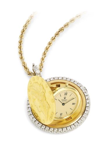 Rolex.A YELLOW GOLD COIN WATCH CONVERTED INTO A DIAMOND-SET AND PLATINUM PENDANT WATCH REF 3612 CASE D754617 CELLINI CIRCA 1972.A YELLOW GOLD COIN WATCH CONVERTED INTO A DIAMOND-SET AND PLATINUM PENDANT WATCH REF 3612 CASE D754617 CELLINI CIRCA 1972