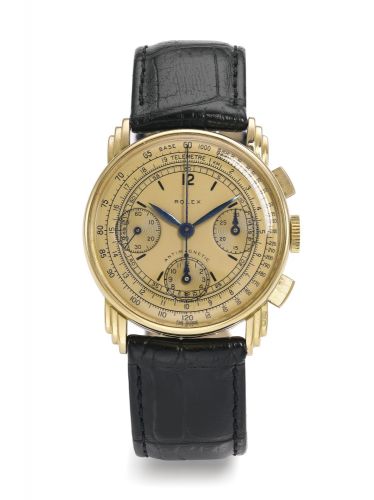 Rolex.A RARE YELLOW GOLD CHRONOGRAPH WRISTWATCH WITH CHAMPAGNE DIAL AND UNUSUAL LUGS REF 3835 CASE 57484 CIRCA 1940.A RARE YELLOW GOLD CHRONOGRAPH WRISTWATCH WITH CHAMPAGNE DIAL AND UNUSUAL LUGS REF 3835 CASE 57484 CIRCA 1940