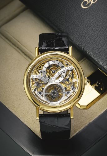 Breguet.A YELLOW GOLD SKELETONIZED TOURBILLON WRISTWATCH WITH POWER RESERVE AND RETROGRADE 24-HOUR INDICATION REF 3655 NO 4994 TOURBILLON SQUELETTE RETRO CIRCA 1995.A YELLOW GOLD SKELETONIZED TOURBILLON WRISTWATCH WITH POWER RESERVE AND RETROGRADE 24-HOUR