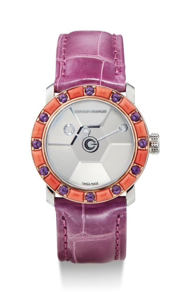 GERALD CHARLES | STAR LADY, A SET OF TWO STAINLESS STEEL AND DIAMOND, YELLOW SAPPHIRE, OYNX, AMETHYST AND CORAL-SET WRISTWATCHES, CIRCA 2000