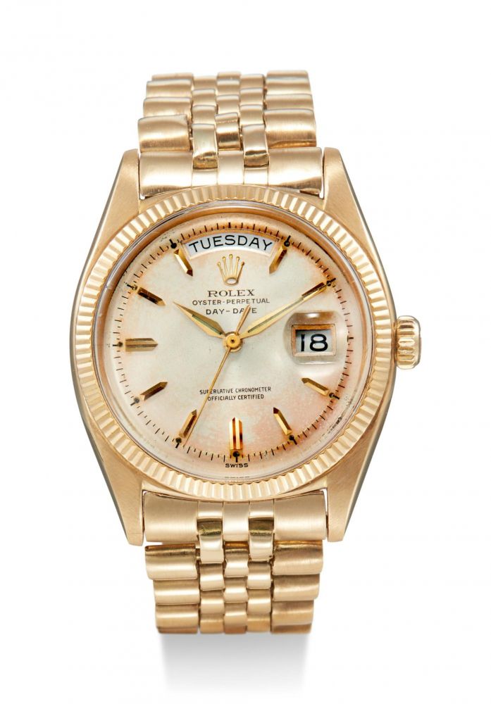 ROLEX | DAY-DATE, REFERENCE 6611, A YELLOW GOLD WRISTWATCH WITH DAY, DATE AND BRACELET, CIRCA 1950