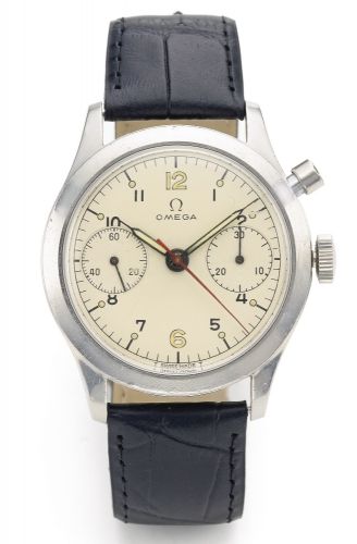 Omega.A RARE STAINLESS STEEL SINGLE BUTTON CHRONOGRAPH WRISTWATCH WITH REGISTER AND HACK MADE FOR THE CANADIAN ROYAL AIR FORCE REF 34/62 MVT 1473584 CIRCA 1960