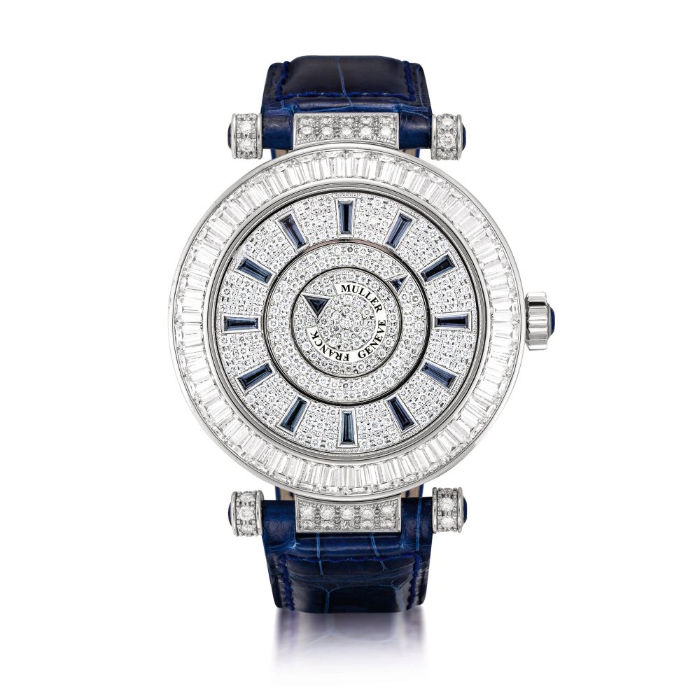 Franck Muller | Double Mystery, Reference DM 42 BAG CD, A white gold, diamond and sapphire-set wristwatch, Circa 2014 | Double Mystery 型號DM 42 BAG CD 白金鑲鑽石及藍寶石腕錶，約2014年製