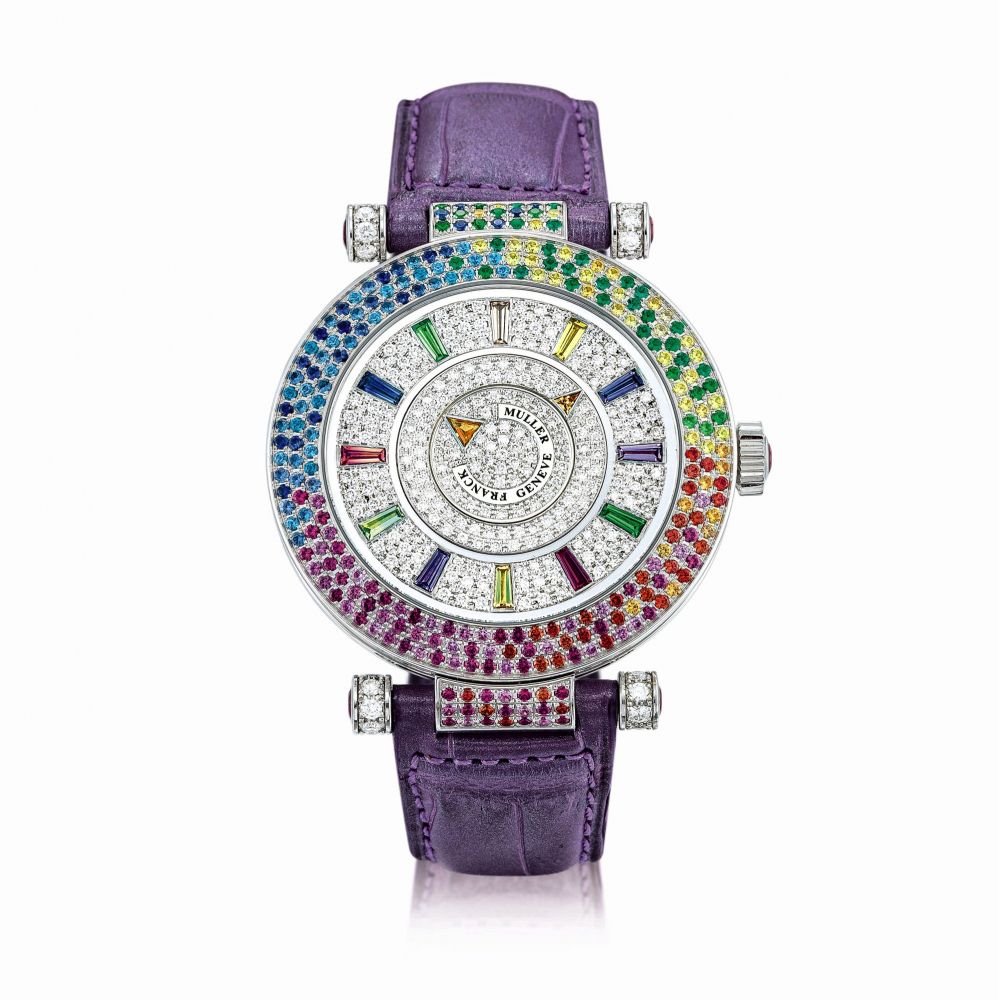 Franck Muller | Double Mystery Quatre Saisons, Reference DM 42 D 3R CD, A white gold, diamond and multi-coloured gem-set wristwatch, Circa 2012 | Double Mystery Quatre Saisons 型號DM 42 D 3R CD 白金鑲鑽石及多彩寶石腕錶，約2012年製