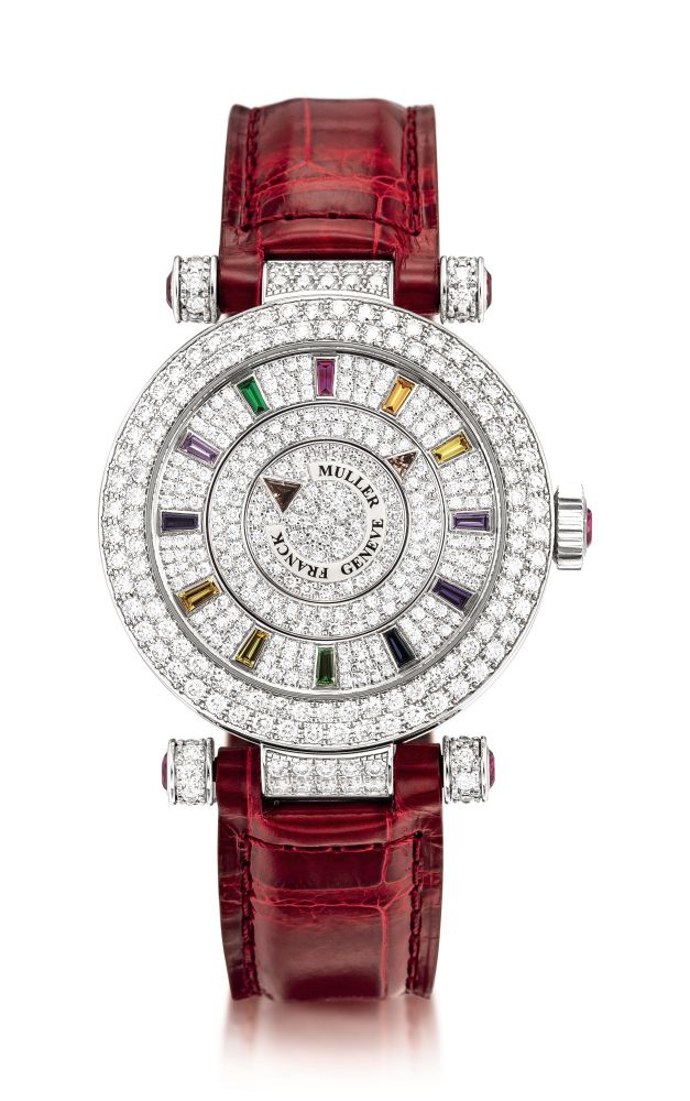 Franck Muller | Double Mystery, Reference DM 36 COL DRM D 2R CD, A white gold, diamond and sapphire-set wristwatch, Circa 2014 | Double Mystery 型號DM 36 COL DRM D 2R CD 白金鑲鑽石及寶石腕錶，約2014年製