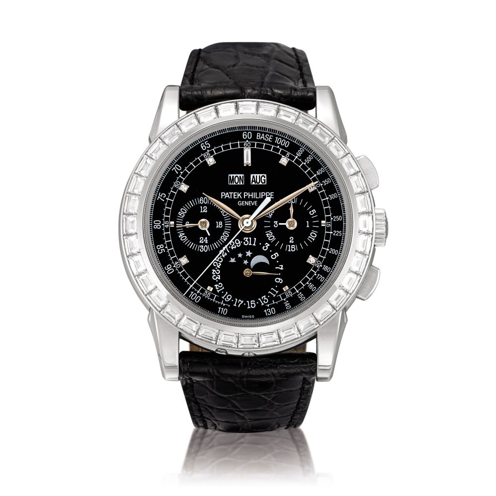 Patek Philippe | Reference 5971, A platinum and baguette diamond-set perpetual calendar chronograph wristwatch with moon phases, 24 hours and leap year indication, Made in 2010 | 百達翡麗 | 型號5971 鉑金鑲鑽石萬年曆計時腕錶，備月相、24小時及閏年顯示，2010年製