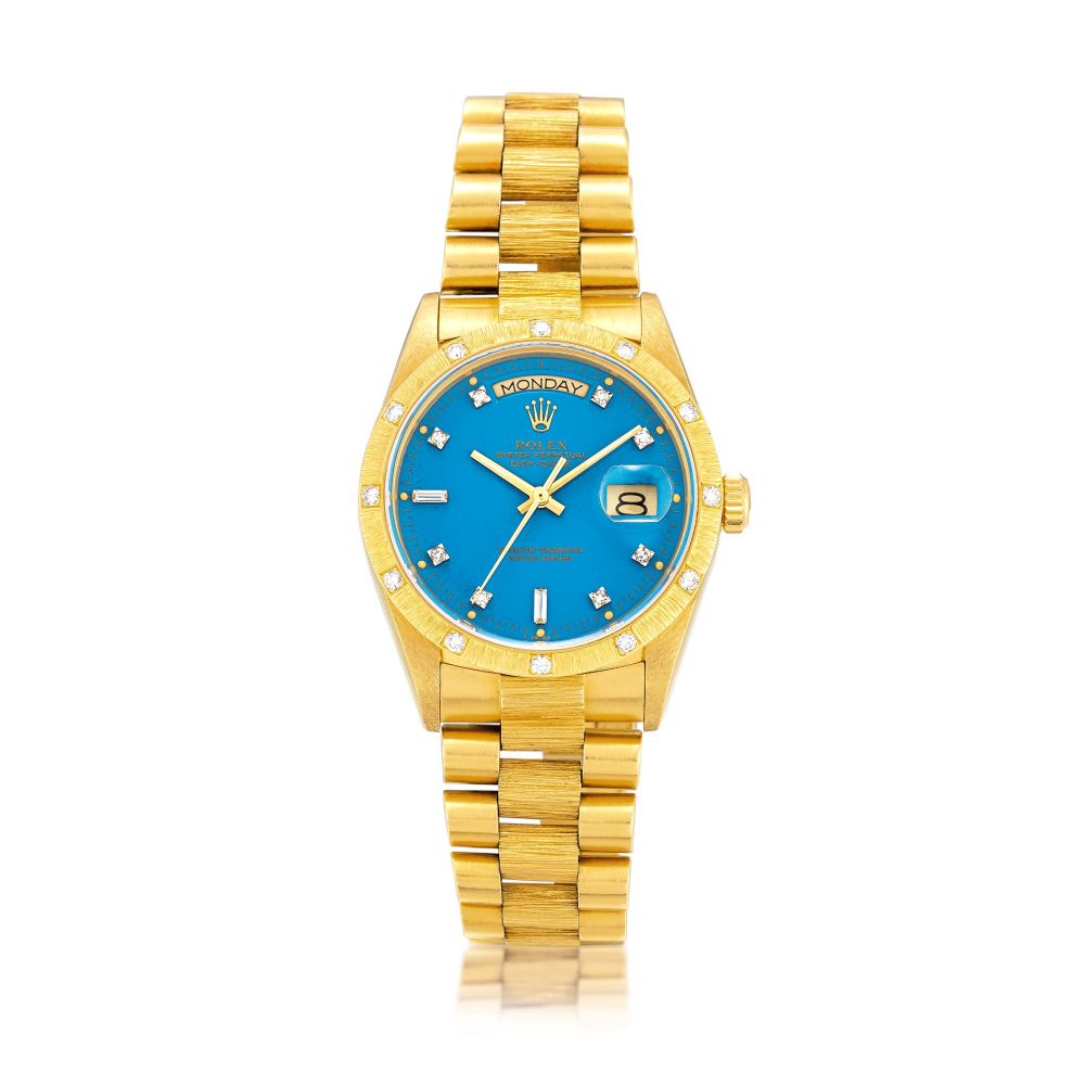 Rolex | Day-Date Stella, Reference 18108, A yellow gold and diamond-set wristwatch with day, date, Stella dial and bracelet, Circa 1986 | 勞力士 | Day-Date Stella 型號18108 黃金鑲鑽石鏈帶腕錶，備日期、星期顯示及 Stella 錶盤，約1986年製