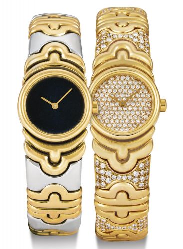 Bulgari.A SET OF TWO LADY'S YELLOW GOLD AND STAINLESS STEEL/YELLOW GOLD AND DIAMOND-SET BANGLE WATCH PARENTESI CIRCA 2000.A SET OF TWO LADY'S YELLOW GOLD AND STAINLESS STEEL/YELLOW GOLD AND DIAMOND-SET BANGLE WATCH PARENTESI CIRCA 2000