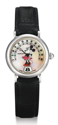 Gérald Genta.A STAINLESS STEEL JUMP HOUR WRISTWATCH WITH RETROGRADE MINUTES AND MOTHER-OF-PEARL DIAL RETRO FANTASY DISNEY CIRCA 1999.A STAINLESS STEEL JUMP HOUR WRISTWATCH WITH RETROGRADE MINUTES AND MOTHER-OF-PEARL DIAL RETRO FANTASY DISNEY CIRCA 1999