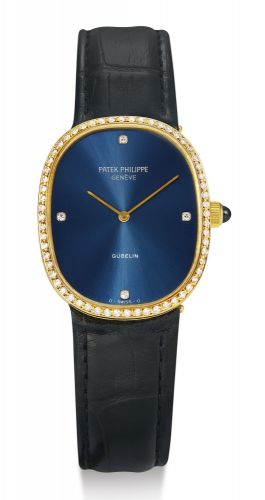 Patek Philippe.A YELLOW GOLD AND DIAMOND-SET CUSHION-FORM WRISTWATCH, RETAILED BY GÜBELIN REF 3849J MVT 1334428 CASE 2799757 ELLIPSE MADE IN 1982.A YELLOW GOLD AND DIAMOND-SET CUSHION-FORM WRISTWATCH, RETAILED BY GÜBELIN REF 3849J MVT 1334428 CASE 2799757