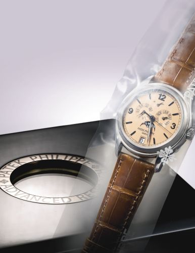 Patek Philippe.A LIMITED EDITION PLATINUM AUTOMATIC ANNUAL CALENDAR WRISTWATCH WITH SILINVAR SPIROMAX BALANCE SPRING, PULSOMAX ESCAPEMENT, MOON-PHASES AND POWER RESERVE INDICATION REF 5450P MVT 3900318 CASE 4429034 ADVANCED RESEARCH CIRCA 2008.A LIMITED E