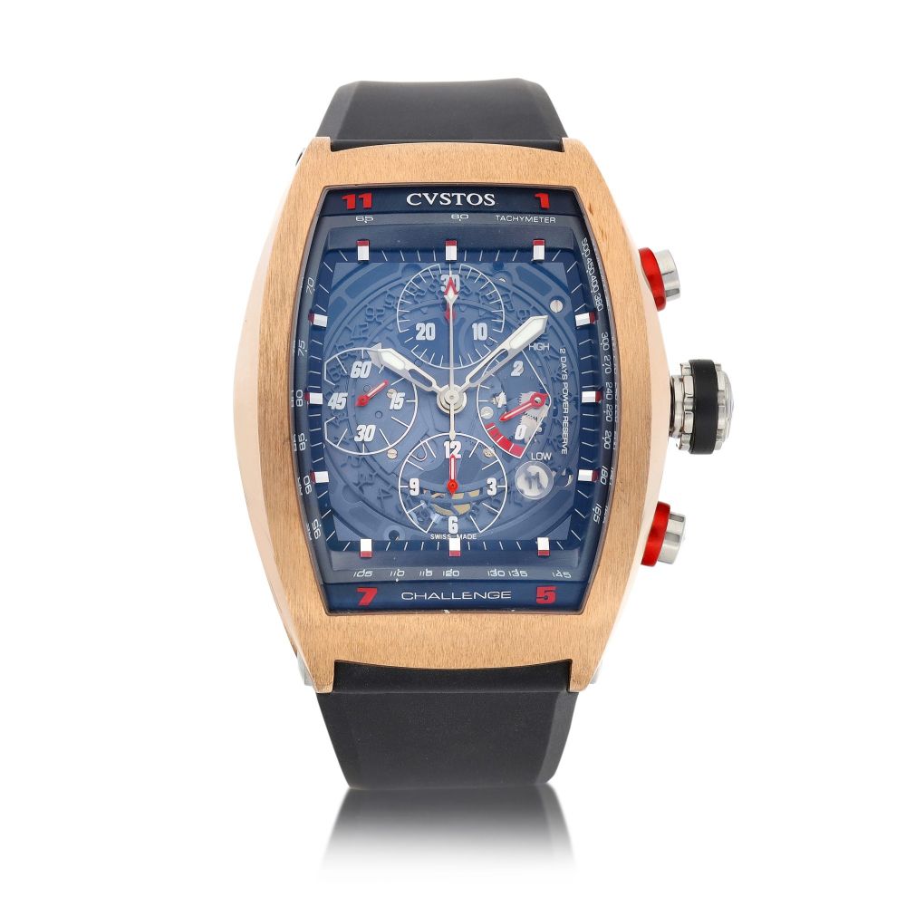 Cvstos | Challenge, Reference F430, A limited edition pink gold semi-skeletonized chronograph wristwatch with date and power reserve indication, Circa 2015 | Challenge 型號F430 限量版粉紅金半鏤空計時腕錶，備日期及動力儲備顯示，約2015年製