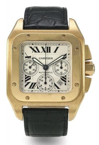 Cartier A PINK GOLD SQUARE AUTOMATIC CHRONOGRAPH WRISTWATCH WITH DATE AND REGISTERS REF 2741 CASE 319835CE SANTOS 100 CIRCA 2005