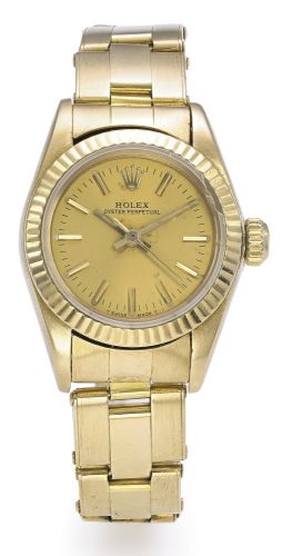 Rolex A LADY'S YELLOW GOLD AUTOMATIC CENTRE SECONDS WRISTWATCH WITH BRACELET REF 67198 CASE 9078228 CIRCA 1985