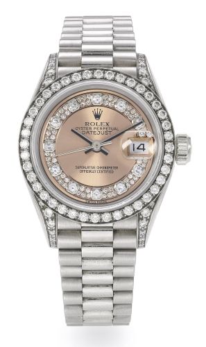 Rolex A LADY'S WHITE GOLD AND DIAMOND-SET AUTOMATIC CENTRE SECONDS WRISTWATCH WITH DATE AND BRACELET REF 69159 CASE E917810 DATEJUST CIRCA 1993