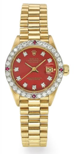 Rolex A LADY'S YELLOW GOLD AND GEM-SET AUTOMATIC CENTRE SECONDS WRISTWATCH WITH DATE AND BRACELET REF 6906 CASE 5135060 DATEJUST CIRCA 1977