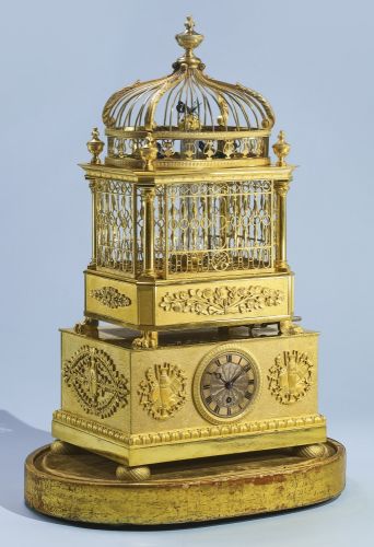 Bautte Moynier AN EXCEPTIONAL THREE TUNE MUSICAL AUTOMATON BIRD CAGE CLOCK WITH DOUBLE SINGING BIRDS AND A BUTTERFLY, GENEVA 1825-1830