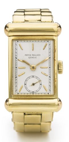 Patek Philippe A YELLOW GOLD RECTANGULAR WRISTWATCH WITH BRACELET REF 575 MVT 830466 CASE 618151 CIRCA 1935